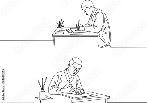 Line drawing of a person writing at a desk with plants in a cozy indoor setting, focusing on detail and technique, isolated on a transparent background