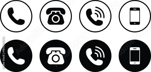 Set of Contact Us Icons Inside Circular Frames Depicting Telephone Connection with Old Rotary Phone Modern Smartphone and Calling Signs Isolated on Transparent Backdrop