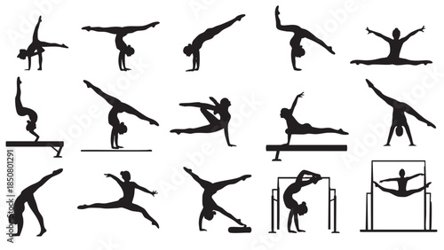 Collection of various silhouette gymnasts performing acrobatic moves
