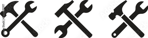 Set of Crossed Hammer and Wrench Silhouette Icons for Repair or Construction Works on Transparent Background Minimalist Style Mechanic Tools Symbol Isolated Vector Illustration