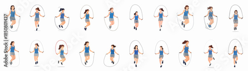 Set of vector illustrations featuring women doing cardio exercise by skipping rope for fitness and health training.