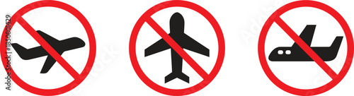 Set of No Flying Sign Vector Illustration Isolated on Transparent Background Airplane Ban Aviation Forbidden Fly Restricted Stop Transportation Travel Warning Zone