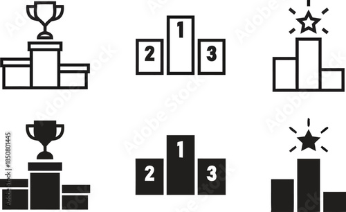 Set of podium with trophy and winner cup for award isolated on transparent background in vector illustration with pedestal for competition championship icons