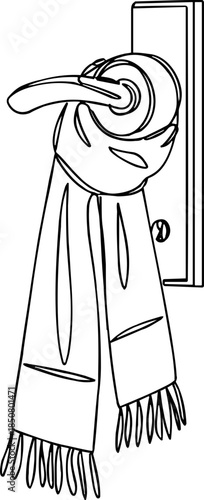 Line drawing of a warm scarf hanging on a doorknob in a cozy indoor setting on a transparent background with intricate details and soft lines