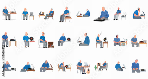 Senior man enjoying vinyl records on a turntable. Collection of flat illustrations depicting music, relaxation, and vintage audio equipment.