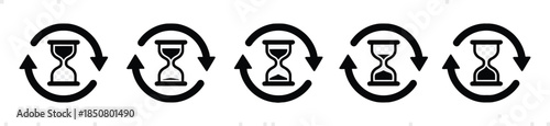 Set of Simple Sand Clocks Icons with Rotation Arrows in Black Color Measuring Time Concept on Transparent Background Two Hundred Characters