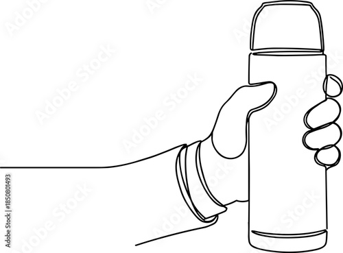 Line drawing of a hand holding a stainless steel thermos in a casual setting on a transparent background