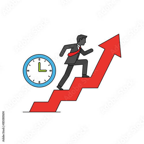 Businessman running up a rising red arrow graph next to a clock symbolizing career progress, time management, and achieving financial success goals