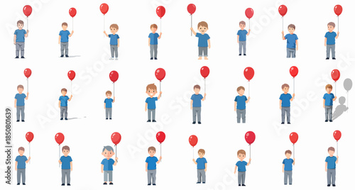 Multiple variations of boys holding red balloons, illustrating different styles, shading, and character expressions for creative vector resources.