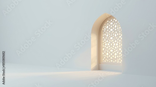 Interior with an arched window decorated with islamic geometric patterns, light effect.