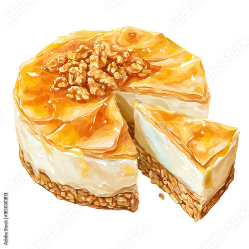 Baklava Cheesecake in detailed isometric watercolor art, isolated on a pure white backdrop.