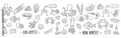 Seafood menu illustration, octopus squid shrimp crab fish skewers, wine glasses, lemon, garlic, candle, restaurant banner art
