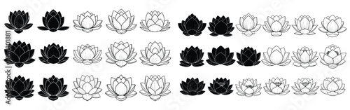Lotus flower icons set black silhouette and white line art floral graphics for yoga meditation and spiritual design