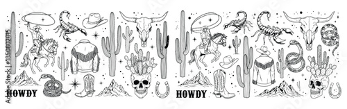 Cowboy essentials western icons, bull skull, cactus skull, scorpion, snake, boots, fringe jacket, rodeo, desert theme