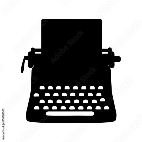 A stark black and white depiction of an old fashioned typewriter machine