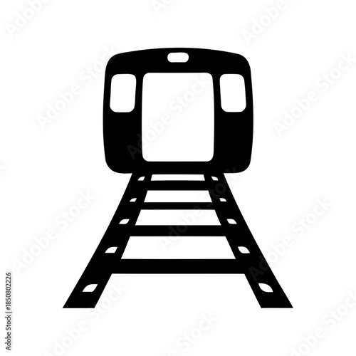 A simplified black and white illustration of a train approaching on tracks