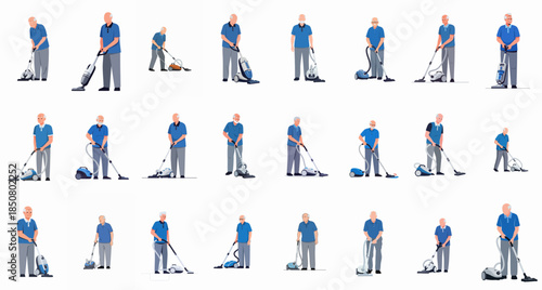 Collection of Senior Men Cleaning Using Various Vacuum Cleaners, Illustrating Elderly People Doing Housework and Maintaining a Tidy Home