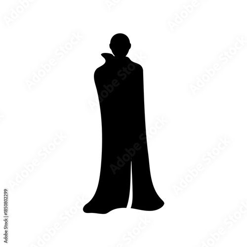 Monochrome illustration of a cloaked figure standing tall against a white background