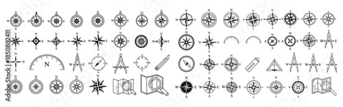 Compass rose icons navigation direction markers surveying tools map navigation drawing instruments set