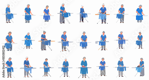 Collection of various senior women characters ironing blue shirts on ironing boards, illustrating household chores, domestic life, and routine tasks.