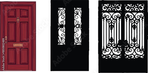 Antique black baroque border frame with gold ornament design for a vintage old building door vector illustration