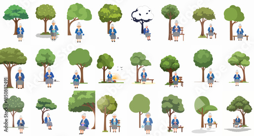 Vector illustration set of senior women knitting or crocheting outdoors under various trees, depicting peaceful retirement and leisure activities.