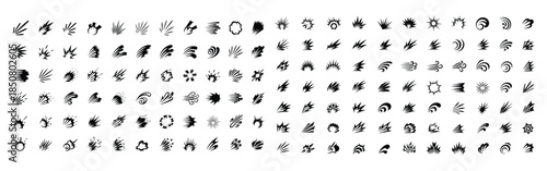 Explosion effects, impact bursts, speed lines, wind gusts, comic book action signs, graphic element icon set collection
