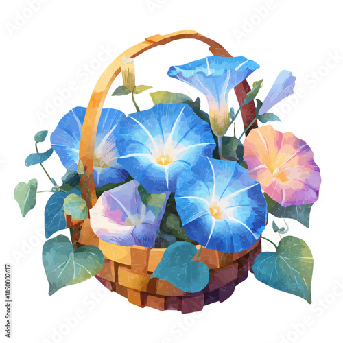 Morning Glory Basket illustrated in isometric watercolor style, isolated on white.