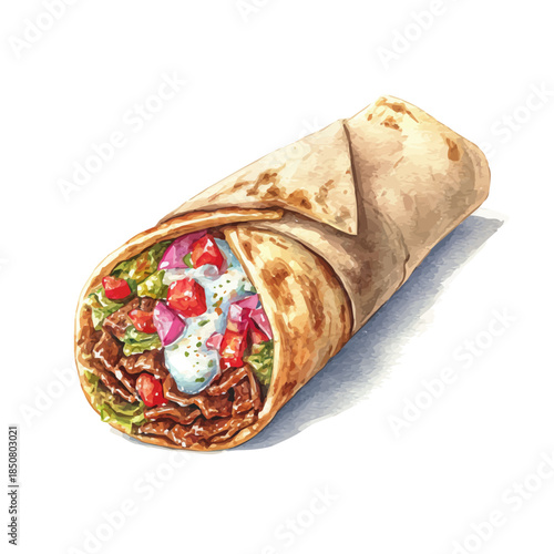 Watercolor isometric artwork featuring Beef Shawarma, presented on white background.