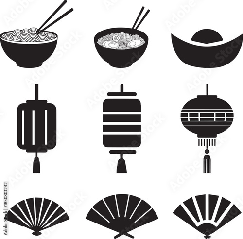 Chinese new year icon set with lantern, fan, hat, noodles vector