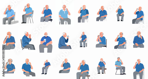 A collection of vector illustrations depicting various elderly men sitting and drinking water from a glass, highlighting hydration and senior health.