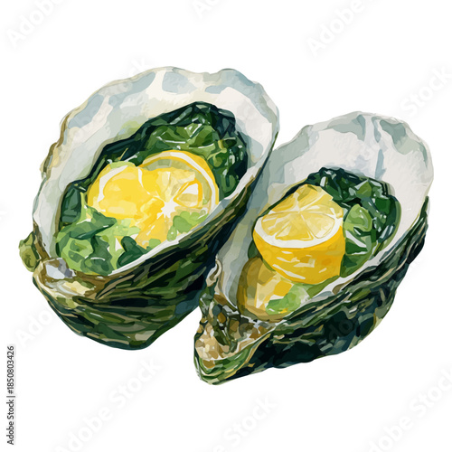 Isometric watercolor graphic of Oysters Rockefeller, neatly isolated on white background.