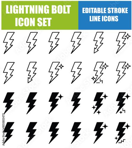 Lightning Bolt Icon Set – Thunderbolt Symbols Collection Featuring Electric Power, Energy, Flash, Voltage, Electricity, High Voltage, Electric Shock and Lightning Concepts, Modern Flat and Outline Sty