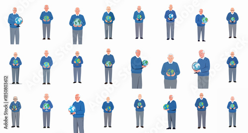 Collection of elderly men illustrations holding a world globe, symbolizing global care, environmental awareness, geography, and future planning.