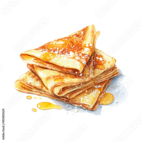 Isometric-style watercolor depiction of Crepes Suzette, set against a white background.