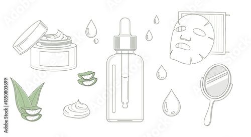 Skincare and beauty products featuring aloe vera, serum, cream, face mask, and mirror illustrations