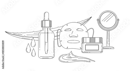 Line Art Illustration of Natural Skincare Products and Tools Serum, Face Mask, Cream, Aloe Vera, and Mirror for a Daily Beauty Regimen