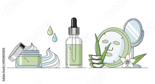 Skincare and beauty products with aloe vera and facial mask for healthy skin