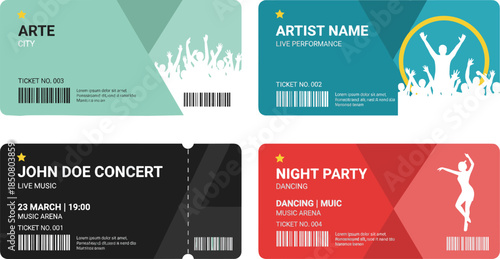 Set of Colorful Event Ticket Templates for Concerts and Parties Featuring Modern Designs, Barcodes, Performance Icons, and Placeholder Text Vector Illustration.