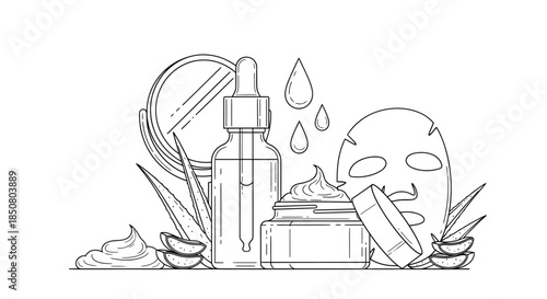 Skincare routine essentials serum, cream, sheet mask, and aloe vera in a line art illustration