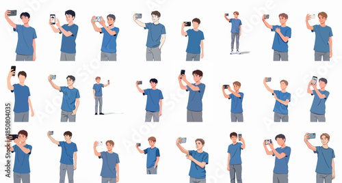 Diverse set of young men taking selfies and photos with smartphones, illustrated in various poses for social media and technology concepts on a white background.