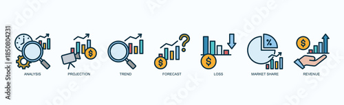 Growth Matrix Icon Set Isolated Vector With Icon Of Analysis, Projection, Trend, Forecast, Loss, Market Share, Revenue In Outline Color Style