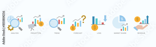 Growth Matrix Icon Set Isolated Vector With Icon Of Analysis, Projection, Trend, Forecast, Loss, Market Share, Revenue In Flat Style