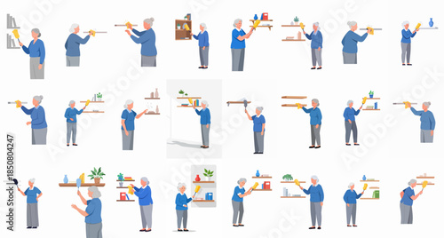 Vector illustrations of senior women dusting and cleaning wall shelves and household items, showcasing independent elderly maintenance and chores.