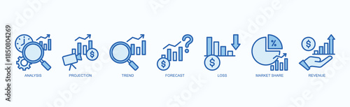 Growth Matrix Icon Set Isolated Vector With Icon Of Analysis, Projection, Trend, Forecast, Loss, Market Share, Revenue In Blue Style