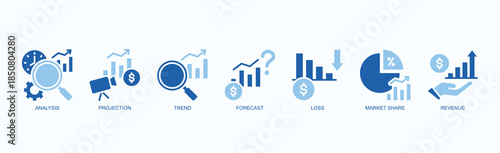 Growth Matrix Icon Set Isolated Vector With Icon Of Analysis, Projection, Trend, Forecast, Loss, Market Share, Revenue In Two Color Glyph Style