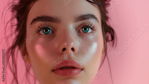 Young woman's face, glowing skin, eyes closed, pink background