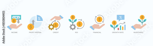 Wealth Engine Icon Set Isolated Vector With Icon Of Income, Profit Margin, Credit, Roi, Financial, Growth Rate, Investment In Flat Style