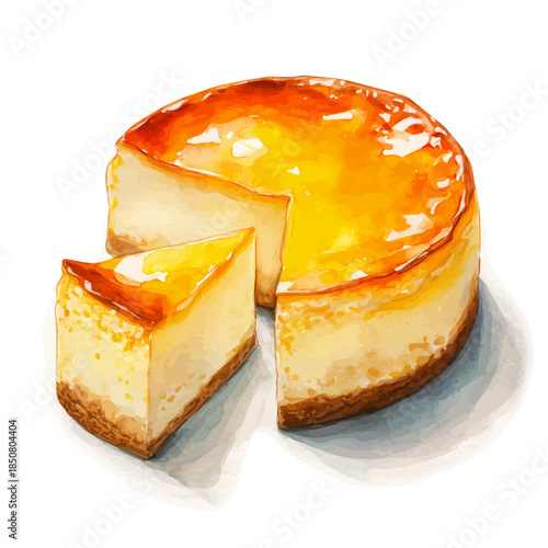 Isometric watercolor rendering of Ricotta Cheesecake, isolated on a clean white background.