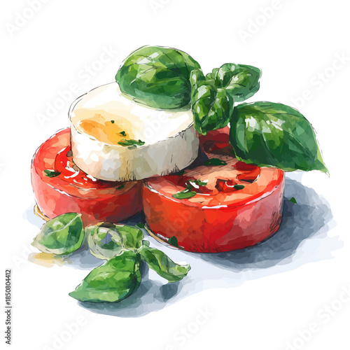 Watercolor isometric vector-style illustration of Caprese Salad, isolated on white background.